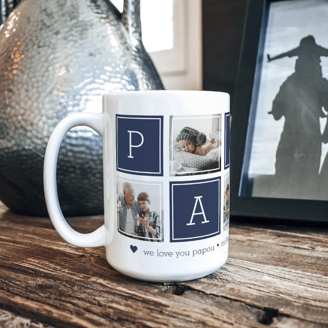 Navy | Custom Papou 5 Photo Colorblock Collage Coffee Mug (Creator Uploaded)