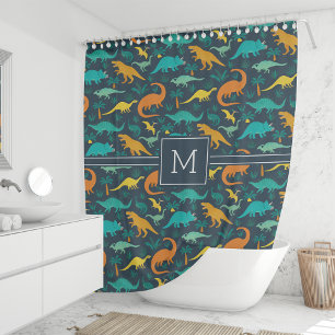 Navy   Cute Colorful Dinosaur Pattern Kid Monogram
