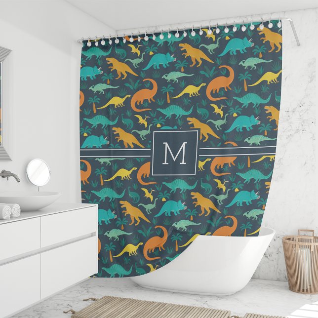 Navy | Cute Colorful Dinosaur Pattern Kid Monogram (Creator Uploaded)