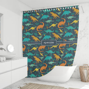 Navy Cute Colorful Dinosaur Pattern Kids Name