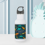 Navy | Cute Colourful Dinosaur Pattern Kids Name 532 Ml Water Bottle<br><div class="desc">Personalize this cute dinosaur themed water bottle with your child’s name in white lettering for a cool custom touch! Created especially for dino-loving kids,  this colourful design features orange,  yellow,  and mint green dinosaur illustrations on a navy blue background.</div>