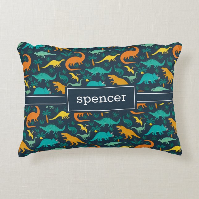Navy | Cute Colourful Dinosaur Pattern Kids Name Accent Pillow (Front)