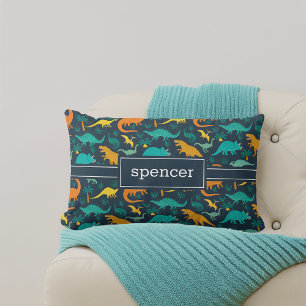 Navy Cute Colourful Dinosaur Pattern Kids Name Lumbar Pillow