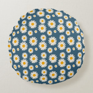 Navy Daisy Floral Bohemian Botanical Pattern Round Pillow