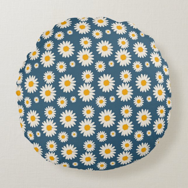 Navy Daisy Floral Bohemian Botanical Pattern Round Pillow (Front)