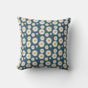 Navy Daisy Floral Bohemian Botanical Pattern Throw Pillow