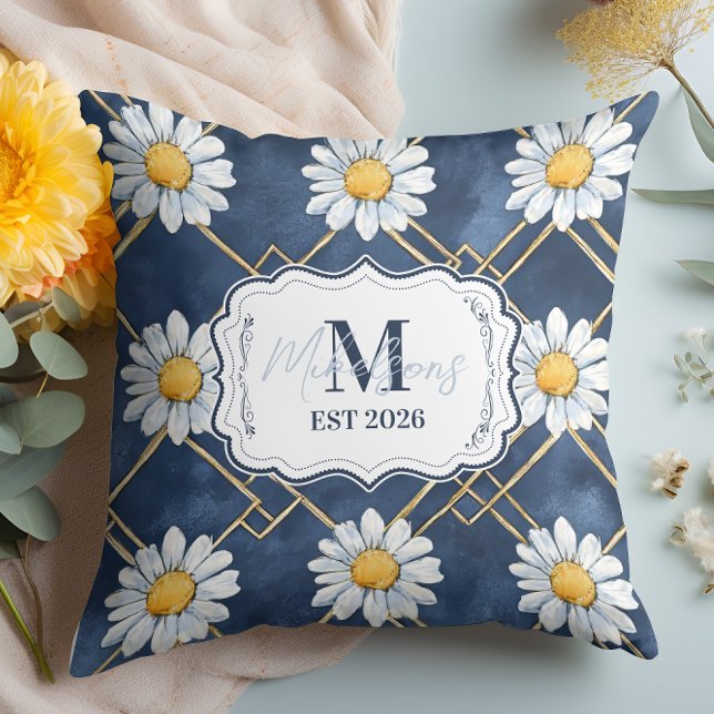 Navy Daisy Gingham Monogram Decor Throw Pillow (Creator Uploaded)