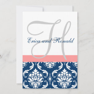 Navy Damask Coral Monogram Wedding Invitation