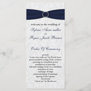 Navy damask FAUX ribbon diamante buckle Wedding Program