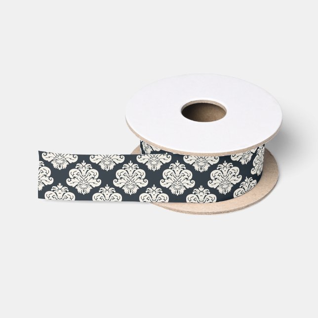 Navy Damask Home Decor Designer Satin Ribbon (Spool)