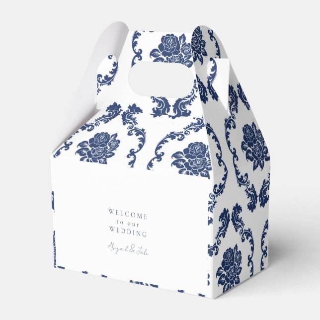 Navy Damask Wedding Welcome Favour Box (Front Side)