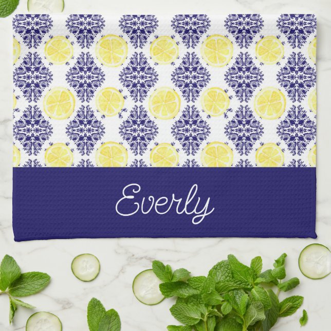 Navy Damask with Yellow Lemons Pattern Kitchen Towel (Folded)