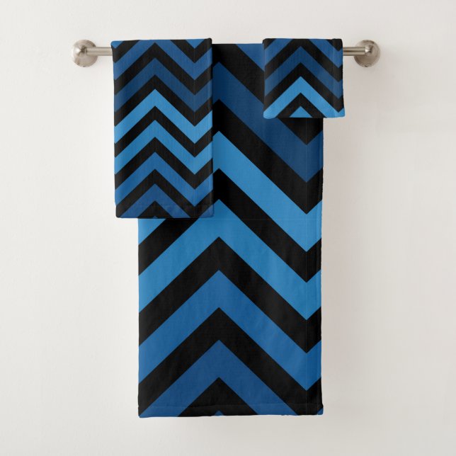 Navy Dark Blue And Light Blue Modern Stripes Bath Towel Set (Insitu)