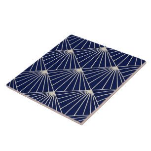 Navy Dark Blue Beige Art Deco Fan Pattern Diamond Tile