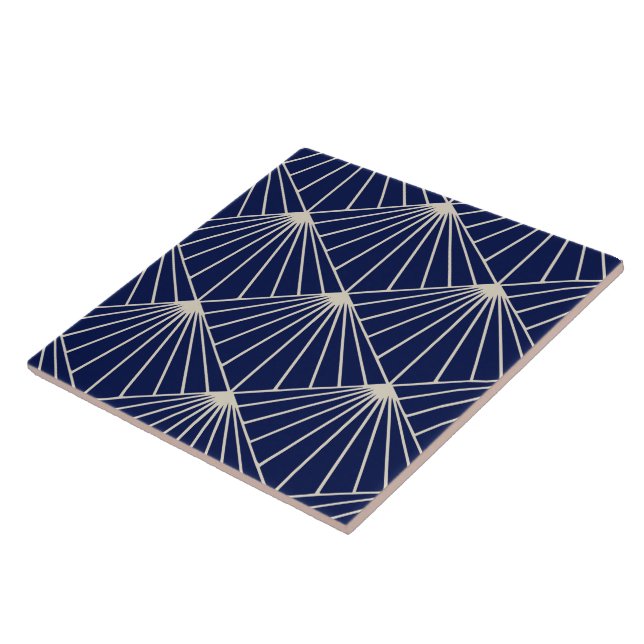 Navy Dark Blue Beige Art Deco Fan Pattern Diamond Tile (Side)
