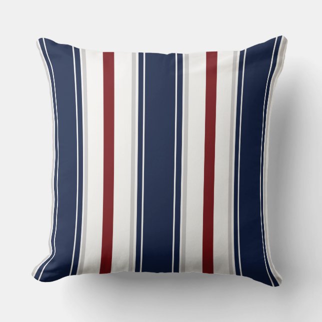 Navy Deep Red Grey White Vertical Stripes  | Throw Pillow (Front)