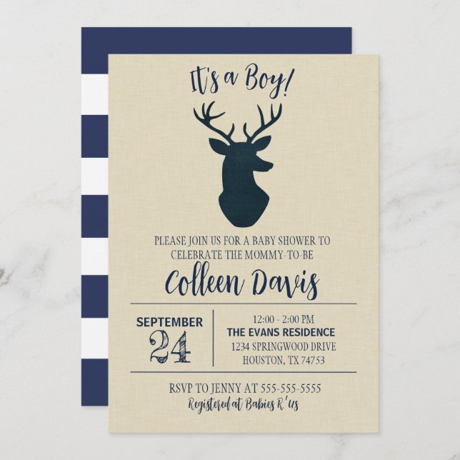 Navy Deer Baby Shower Invitation (Front/Back)