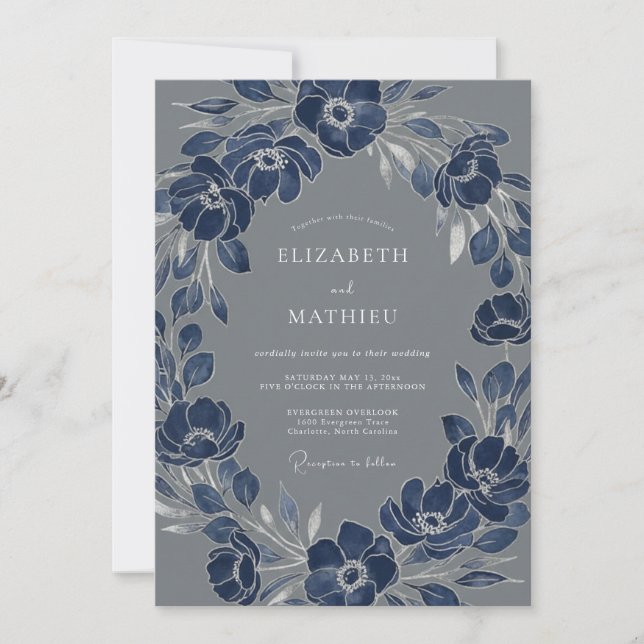 Navy Delicate Floral Wreath Wedding Invitation (Front)
