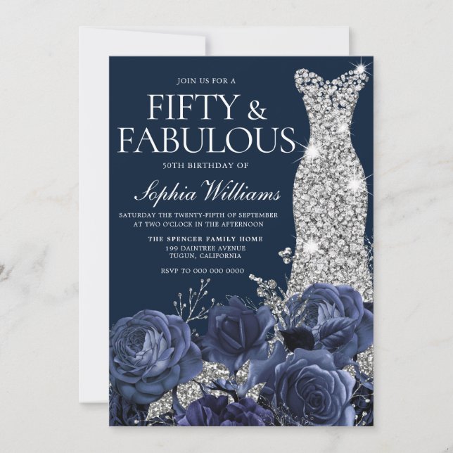 Navy Diamond Dress Fifty & Fabulous 50th Birthday Invitation (Front)