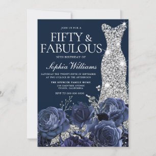 Navy Diamond Dress Fifty & Fabulous 50th Birthday Invitation