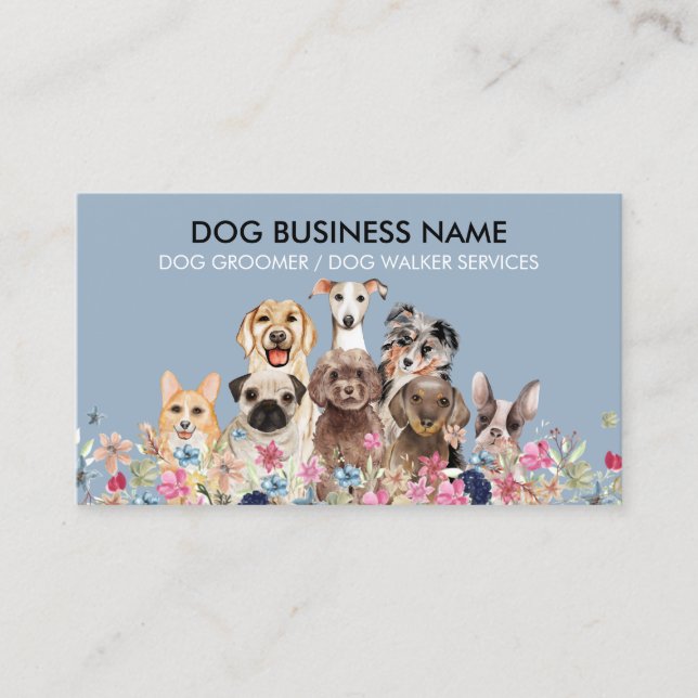 Navy Dogs Puppy Flowers Business Card (Front)