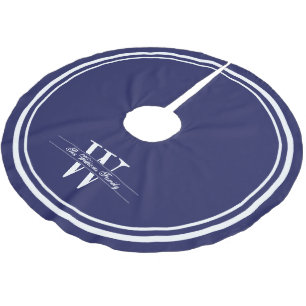 Navy Double Border Monogram Brushed Polyester Tree Skirt