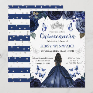 Navy Dress Dark Skin Princess Quinceanera Invitation