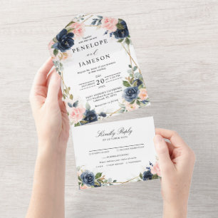 Navy Dusty Blue  Blush Geometric Wedding All In One Invitation