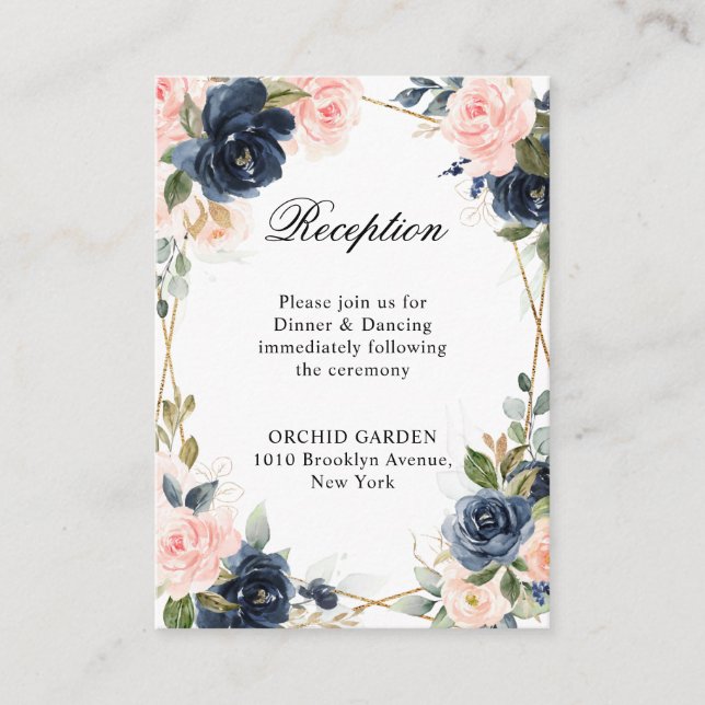 Navy Dusty Blue  Blush Geometric Wedding Reception Enclosure Card (Front)