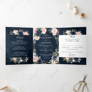 Navy Dusty Blue Blush Geometric Wedding Tri-Fold Programme
