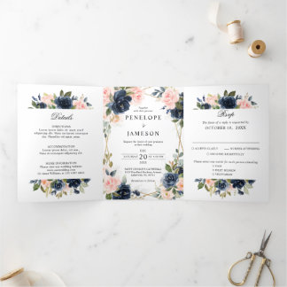 Navy Dusty Blue  Blush Geometric Wedding Tri-Fold Programme