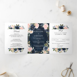 Navy Dusty Blue  Blush Geometric Wedding Tri-Fold  Programme