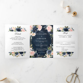 Navy Dusty Blue Blush Geometric Wedding Tri-Fold Programme