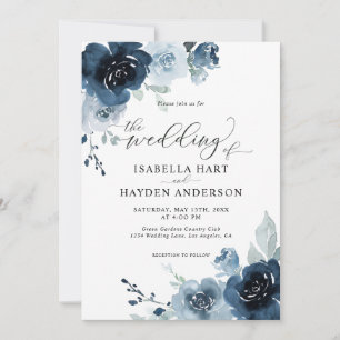 Navy Dusty Blue Dark Slate Floral Pastel Wedding Invitation