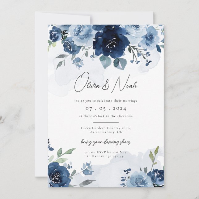 Navy Dusty Blue Elegant Floral Pastel Wedding  Invitation (Front)