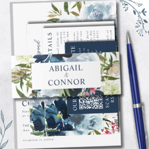 Navy & Dusty Blue Elegant Floral Watercolor Invitation Belly Band