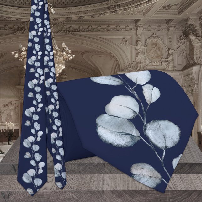 Navy & Dusty Blue Eucalyptus Elegant Wedding Tie (Creator Uploaded)
