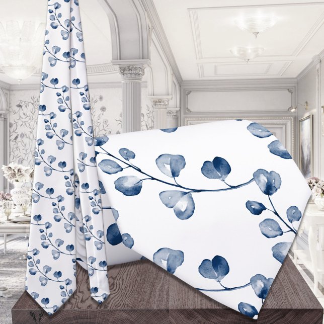 Navy Dusty Blue Eucalyptus Wedding Party Tie (Creator Uploaded)