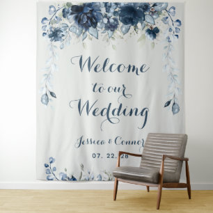 Navy Dusty Blue Eucalyptus Welcome To Our Wedding Tapestry