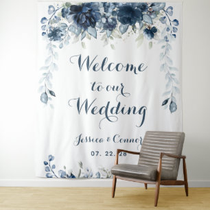 Navy Dusty Blue Eucalyptus Welcome To Our Wedding Tapestry