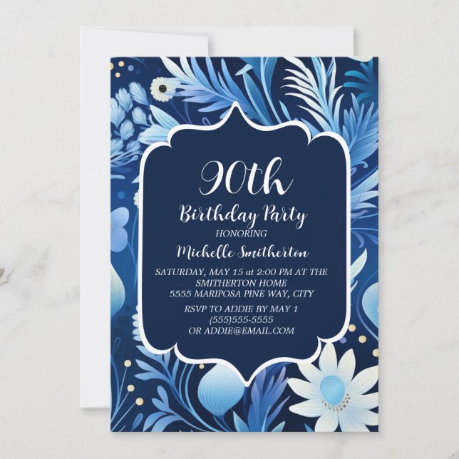 Navy Dusty Blue Floral 90th Birthday Invitation (Front)