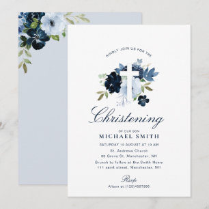 navy & dusty blue floral christening invitation