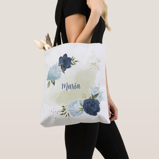 navy dusty blue floral greenery  tote bag (Close Up)