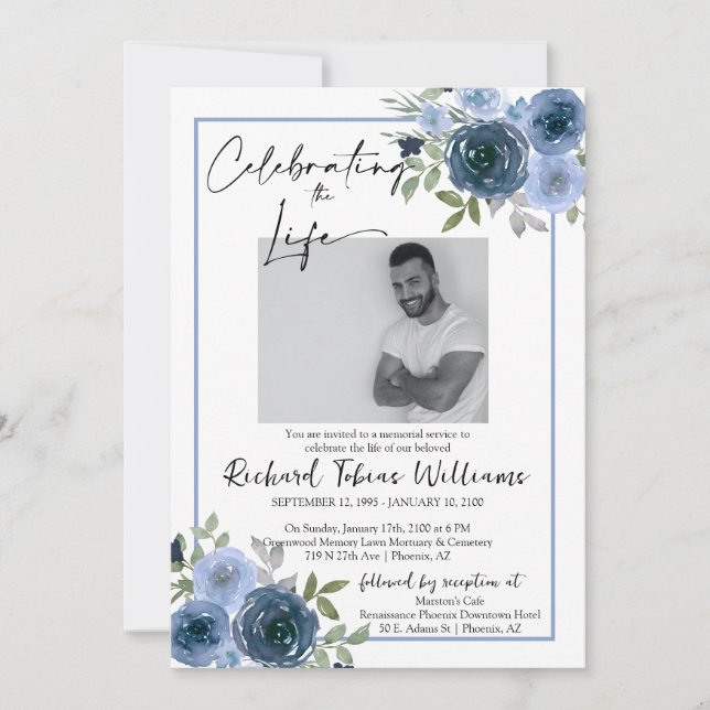 Navy Dusty Blue Floral Memorial Funeral Service Invitation (Front)
