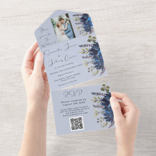 Navy & Dusty Blue Floral Photo Wedding All In One Invitation