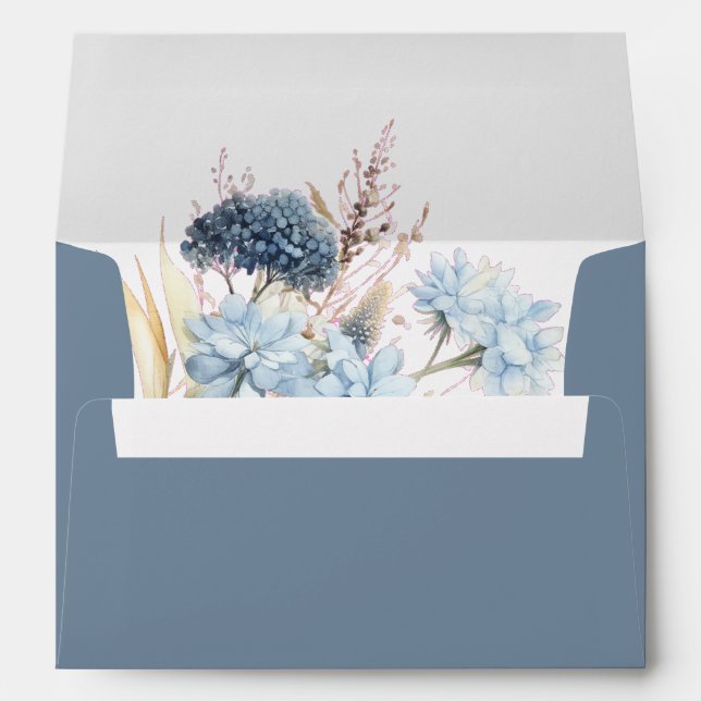 Navy Dusty Blue Floral Spring Bloom Wedding Envelope (Back (Bottom))