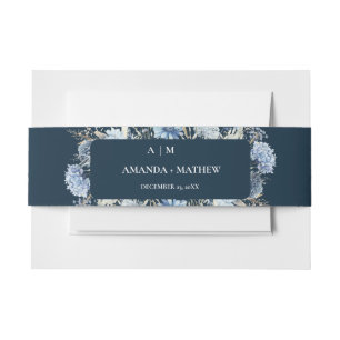 Navy Dusty Blue Floral Spring Bloom Wedding Invitation Belly Band