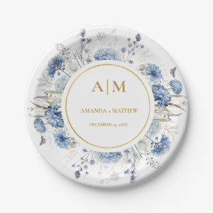 Navy Dusty Blue Floral Spring Bloom Wedding Paper Plate