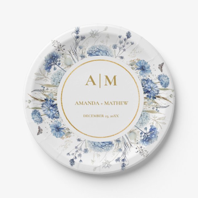 Navy Dusty Blue Floral Spring Bloom Wedding Paper Plate (Front)