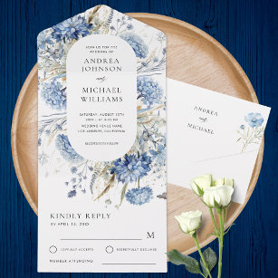 Navy Dusty Blue Floral Spring Bloom Wedding RSVP All In One Invitation